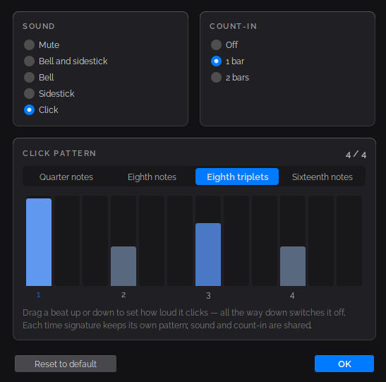 Metronome settings Beat Studio's metronome settings, with click sound options, count-in choices, and a bar chart where each beat's volume can be dragged up or down.