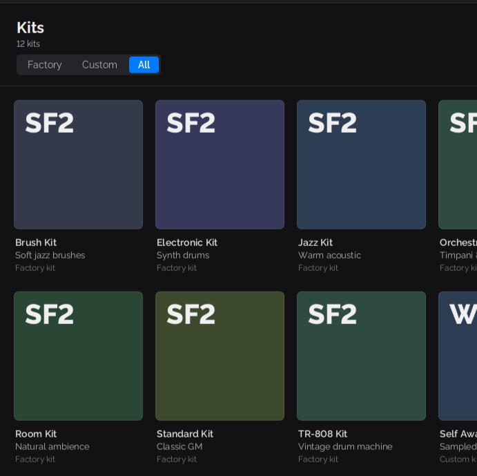 Kit library The Beat Studio kit browser listing factory and custom kits — brush, electronic, jazz, orchestra, power, rock, and room kits — with their sound format and description.