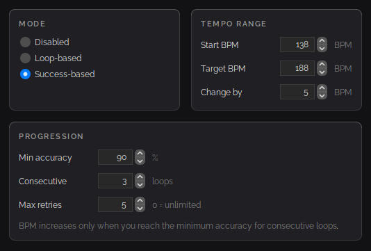 Beat Studio's automatic tempo training set to success-based mode, raising the BPM only after a minimum accuracy is reached across consecutive loops.