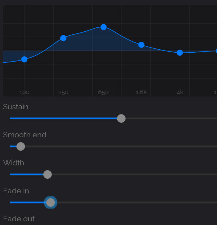 The Beat Studio sample editor showing an EQ curve across the frequency range, with sustain and smooth-end controls below.
