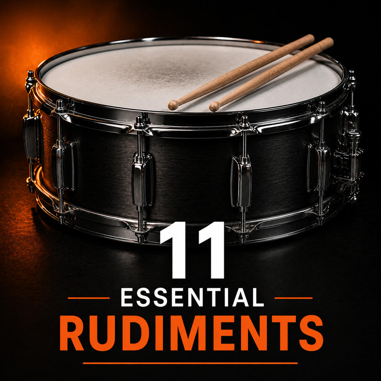 11 Essential Rudiments pattern pack Pack artwork for 11 Essential Rudiments — a snare drum with crossed sticks resting on the head.