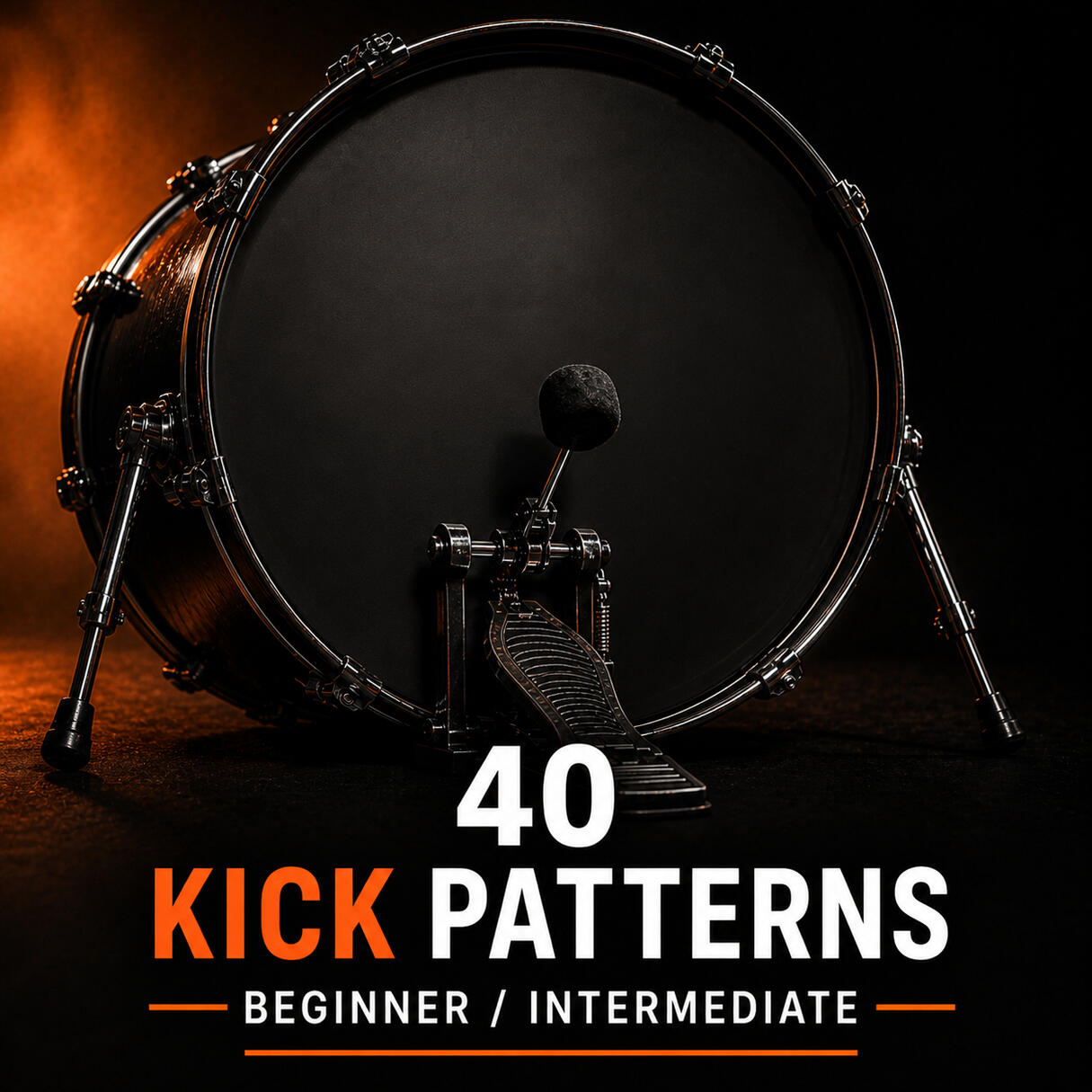 40 Kick Patterns pattern pack Pack artwork for 40 Kick Patterns, beginner to intermediate — a bass drum with a pedal against a dark background.